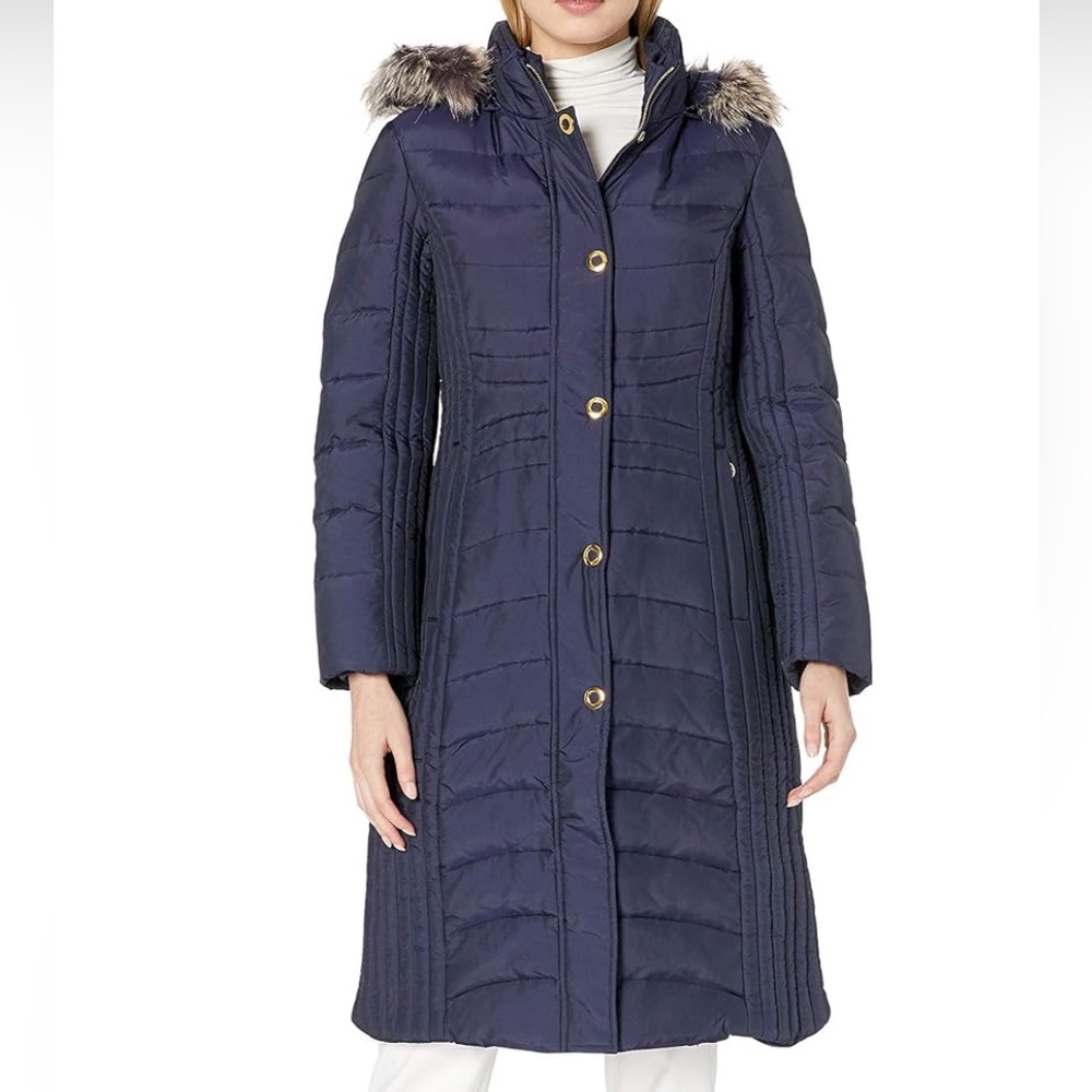 Anne Klein Down Removable Hood Navy Long Quilted Coat Size XL